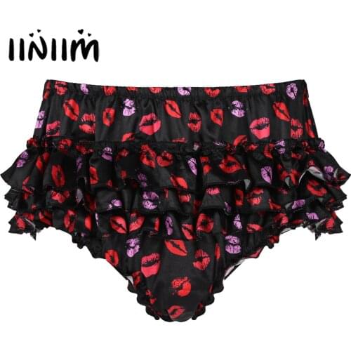 Mens Lingerie Sissy Briefs Underwear Soft Shiny Satin Ruffled Bloomer Tiered Skirted Panties Sissy Crossdresser Sexy Panties