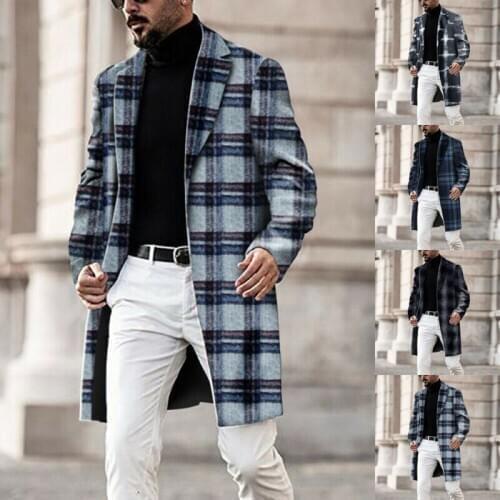 Mens Plaid Winter Blazer Trench Coat Long Jacket Lapel Business Formal Outwear