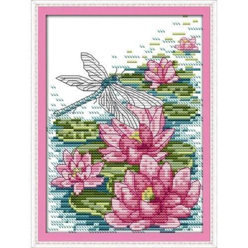 Dragonfly and lotus cross stitch kit 14ct 11ct count print canvas stitching embroidery DIY handmade needlework plus