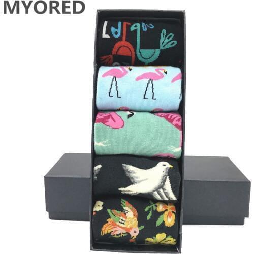 MYORED 5 pair/lot mens cartoon socks cotton animal bird flower colorful long socks funny sock for men dress wedding gift NO BOX