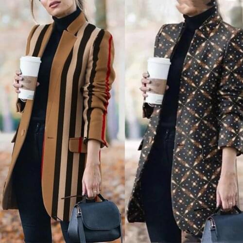 2020 New Autumn And Winter Womens New Long-sleeved Lapel Coat Printed Woolen Coat Fashion Striped Plaid Slim Coats Oversized