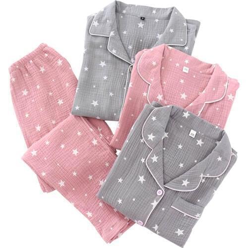 Spring & Autumn New Couples Pajamas Comfort Gauze Cotton Men And Women Sleepwear Star Printed Lovers Homewear Loose Casual Wear