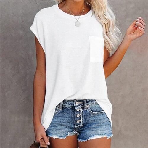 Solid Tops Tee Shirts Women Pocket T-shirt 2021 Summer Casual O-neck Loose T Shirt Short Sleeve Female Soft Tops