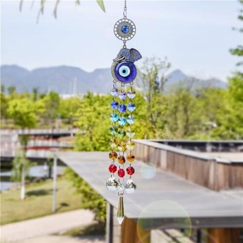 H&D Turkish Evil Eye Hanging Crystal Suncatcher Ornament With Elephant Decor Chakra Beads Prisms Pendant For Home Garden Decor