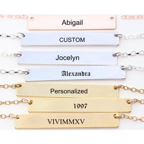 Custom Personalized Bar Necklace Women Men Engraved Name Date Coordinates Initials Roman Numeral Necklaces Kids Bridesmaid Gift