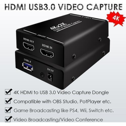 4K 2K HDMI to USB 3.0 Video Capture Card Dongle Camcorder Video PS4 Wii Switch Game Live Broadcasting Game Video Live Streaming