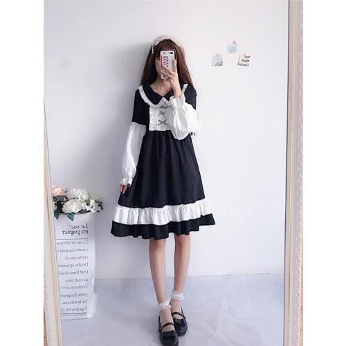 Kawaii Girls Maid Style Long Sleeve Dress Peter Pan Collar Black & White Patchwork Cute 2018 Women Autumn Dress