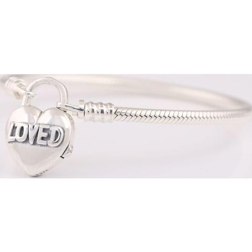 Authentic 925 Sterling Silver Smooth Bracelet With Loved Heart Padlock Clasp Bracelet Bangle fit Lady Bead Charm DIY Jewelry