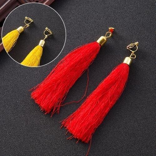 Sale 1Pair Bright Color Long Tassel Earrings Alloy Ear Clips Women Tassel Pendant Earrings