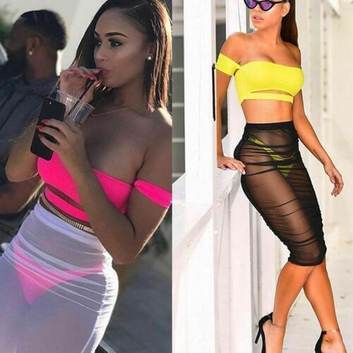 Sexy Beach Pleated Mesh Cover Up Skirt For Women Chiffon Beachwear Summer Hot Female Solid Fishnet Swimwear Bathing Sundress