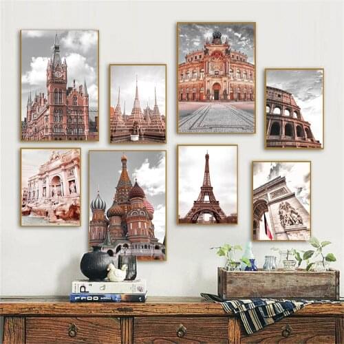 Vintage Architecture Wall Art Poster Eiffel Tower Art Print Rome Wishing Well Canvas Painting Modern Pictures Living Room Decor