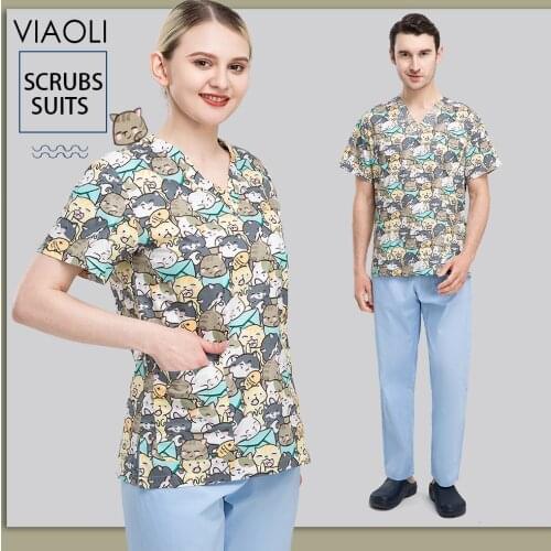 Female Nurse Uniform Short Sleeve Neck Tops Working Spa Blouse Shirt Nursing Unisex Hairdresser Healthcare Tunic Medical Clothes