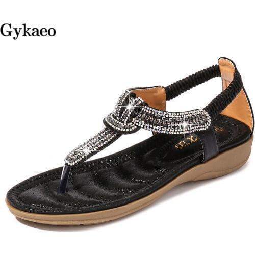 Gykaeo Bohemian Style Crystal Wedges Shoes for Women Large Size Gladiator Sandals Lady Soft Leather Comfort Sandalias Mujer 2020