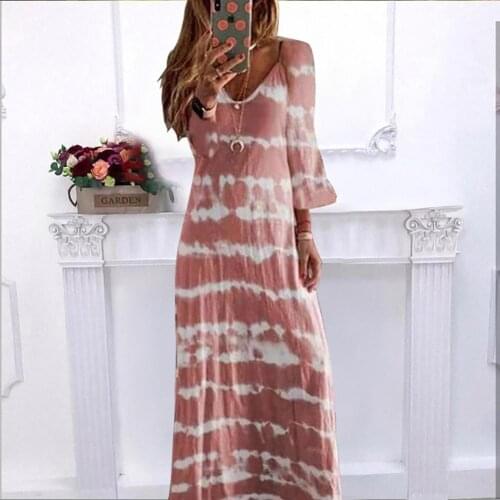 Women Casual Long Sleeve V Neck Tie Dye Large Hem Loose Beach Full Length Dress V Neck Tie Dye Large Hem Loose Full Length Dress