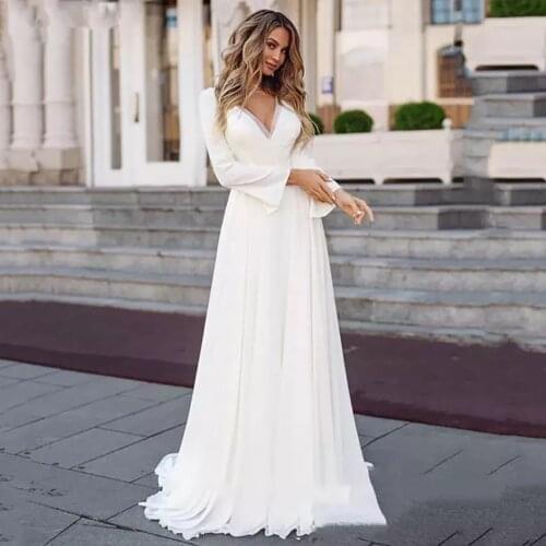 Wedding Dress Long Sleeve Women White 2021 Boho V-Neck Backless Bridal Gown Spring Autumn Size Customizable Back Applique