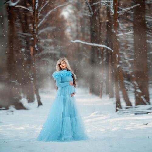 2021 Charming A-Line Draped Tulle Winter Turtleneck Long Sleeves Ruffles Maternity Dresses Women Soft Stretchy Spandex Fabric