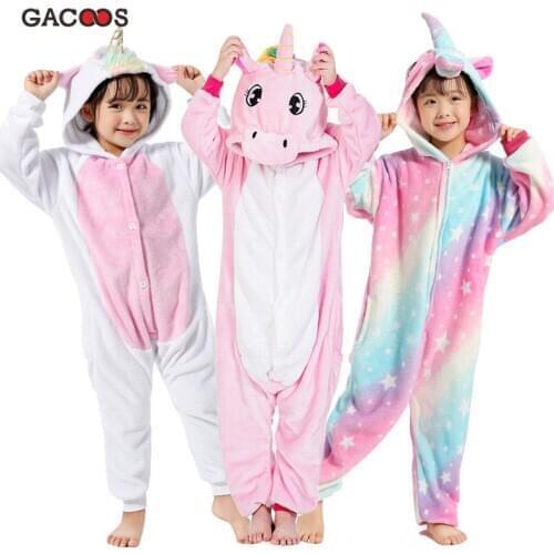 2021 Girls Clothes Kigurumi Pajamas For Children Winter Warm Flannel Boys Sleepwear Cartoon Unicorn Pyjamas Kids Baby Jumpsuits