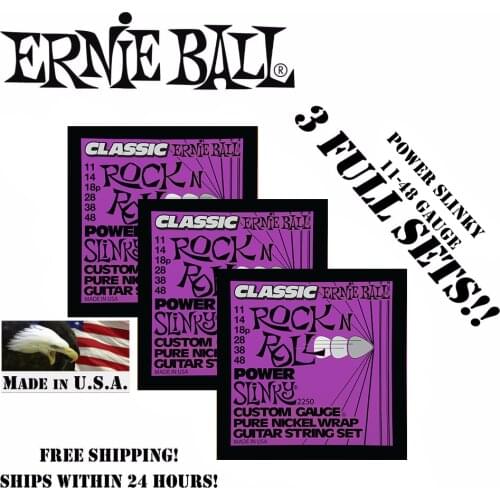 3 Packs! Original Ernie Ball 2250 Pure Nickel Wrap Power Slinky Electric Guitar Strings 11-48