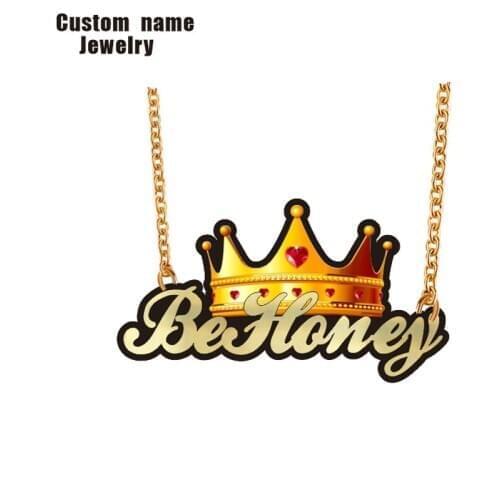 BeHoney Personalized Name Crown Necklace Fashion Jewelry acrylic Baby Charm Custom Chain Necklace For Women Men Birthday Gift