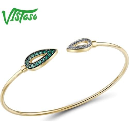 VISTOSO 9K 375 Yellow Gold Shiny lab Created White Sapphire Emerald Bangle Bracelet For Lady Engagement Anniversary Fine Jewelry