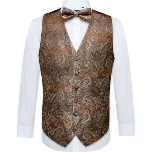 Designer Men Silk Waistcoat Vest Classic Brown Paisley Suit Vest Jacquard Folral Handkerchief BowTie Handkerchief Set Barry.Wang