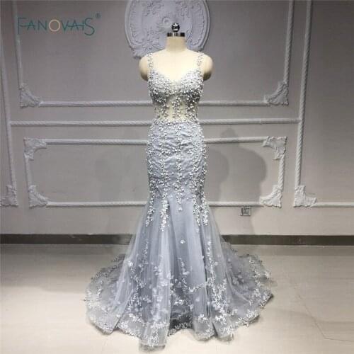 Elegant Evening Dresses Long Grey Blue Merimad Prom Dress 2019 Lace Beaded Sequin Dress Party Vestido de Fiesta NE43