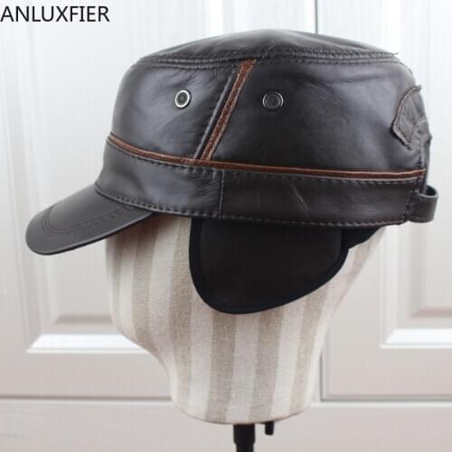 H6961 Autumn Winter Cowhide Flat Top Visor Cap Men Fashion Ear Protection Warm Hat Male Genuine Leather Outdoor Casual Caps