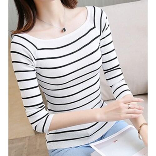 Classic Striped Pullovers Women Sweater Slash Neck Long Sleeve Knitted Top Slim All-match Elasticity Clothing 2021 Spring Autumn