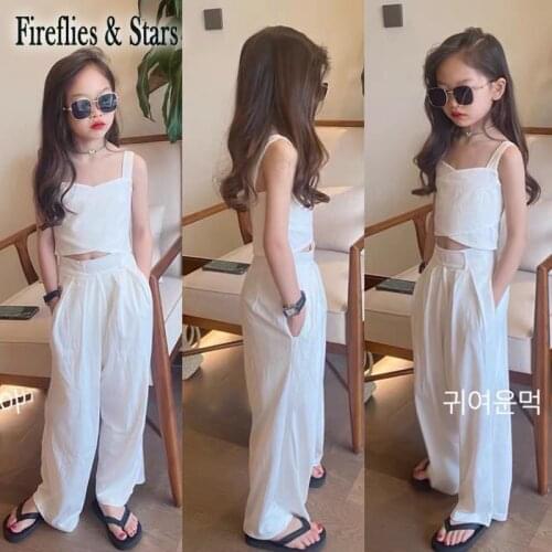 Summer Girls 2 Pcs Set Baby Crop Top + Pants Kids Suits Children Streetwear Clothes Fashion Crop Strap Wide Leg 5 To 13 Yrs