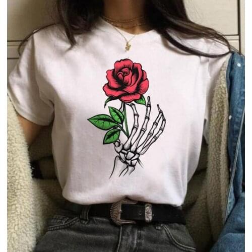 Summer Fashion Grunge Aesthetic Shirt Rose Printed T-shirts Womens Round Neck Short Sleeve T-shirts Women Casual Tshirts