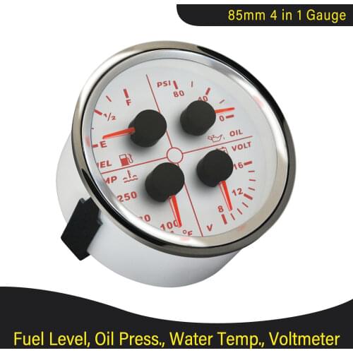 85mm Fuel Level 0-190/240-33ohm Oil Pressure Water Temp Voltmeter 0-80Psi 120-240℉ 4 in 1 Multi-function Gauge Red Backlight 12V