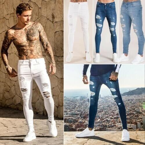 Men Skinny Jeans Stretchy Pant Denim Pants Slim Fit Pant Frayed Jeans Ripped Rip