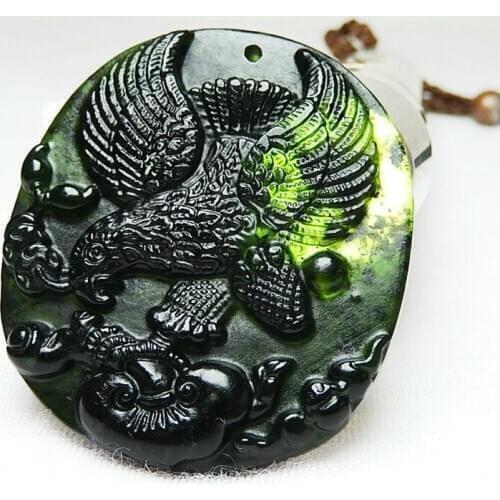 Natural Black Green Jade Eagle Pendant Necklace Obsidian Chinese Hand-Carved Charm Jewelry Fashion Amulet for Men Women Gifts