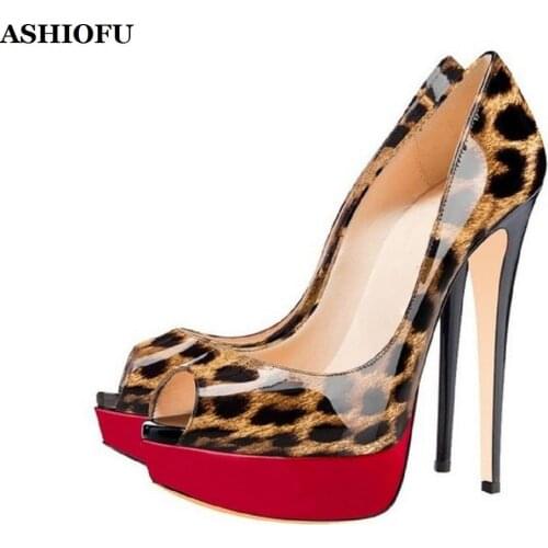 ASHIOFU New Hot Sale Handmade High Heel Platform Leopard Sexy Party Prom Dress Shoes Peep-toe Evening Club Fashion Court Shoes