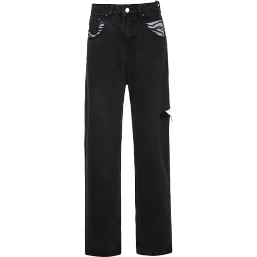 Brand New Womens Ripped Holes Denim Jeans, Leopard Printed Pockets High Waist Pants Loose Trousers for Female