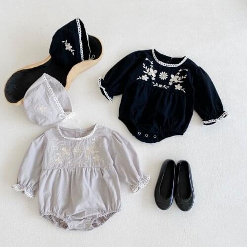Adorable Floral Embroidery Baby Girl Summer Long Sleeve Lace Collar Jumpsuit +Newborn Baby Girl Lace Cap Baby Autumn Clothes Set