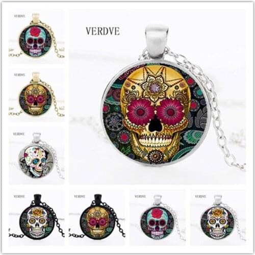 Hot Fashion Classic Mexican Sugar Skull Pendant Necklace Silver Color Chain Day Dead Crystal Skull Necklace Men Jewelery