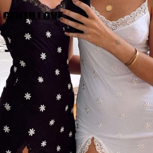 Gentillove Y2K Printing Lace Embroidery Women Summer Sexy Split Solid Bodycon Sling Mini Dress Sleeveless V-Neck Party Club