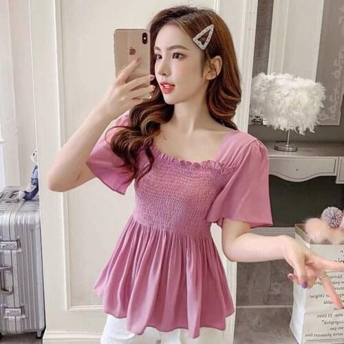 Peplum Top Chiffon Blouse 2021 Korean Puff Sleeve Top Lolita Shirts Women Summer Ruffle Square Neck Vintage Shirt Clothes Tunic