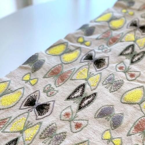 Butterfly embroidery fabric DIY heavy industry three-dimensional cotton and linen fabric color pattern Japanese style bag fabric