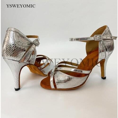 Women Latin Dance Shoes YSW073 Silver Golden Dancesport Shoes Ladies Dancing Sandal Ballroom Shiny 8.5cm heel Salsa Shoes Ladies