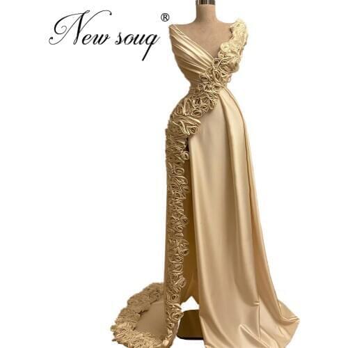 V Neck Evening Dresses Split Side Formal Prom Dresses For Wedding Robes De Soiree 2020 Saudi ArabiaHandmade Flower Party Gowns