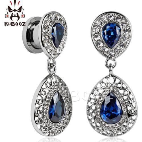 KUBOOZ piercing jewelry stainless steel blue gem dangle ear gauges plug and tunnel body jewelry mix size lot