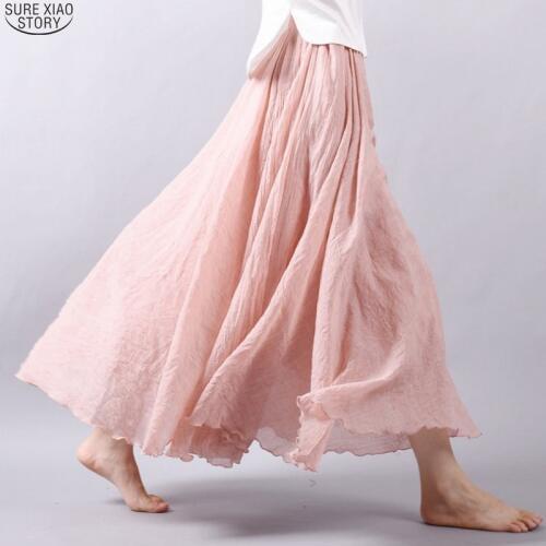 2021 Spring Casual Elastic Waist A- Line Long Skirts Office Solid Skirts Summer New Fashion Cotton And Linen Skirt Women 9957