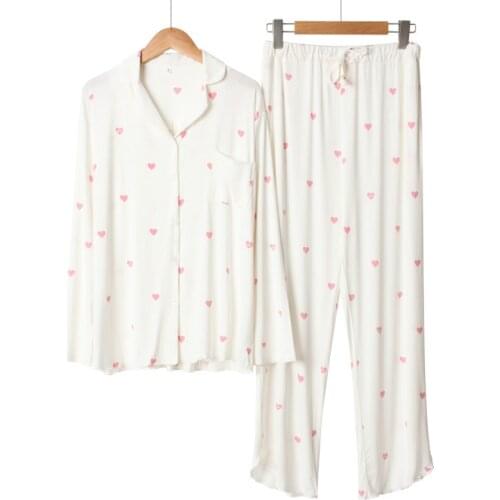 Womens Ice Cream Print Modal Pajamas Long Sleeve Loose Pijamas Women Spring Casual Sleepwear Love Sweet Two Piece Set Nightwear