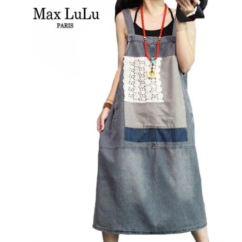 Max LuLu 2021 Summer New Fashion Dress Women Patchwork Denim Overalls Ladies Lace Blue Vintage Dresses Casual Vestifos Big Size