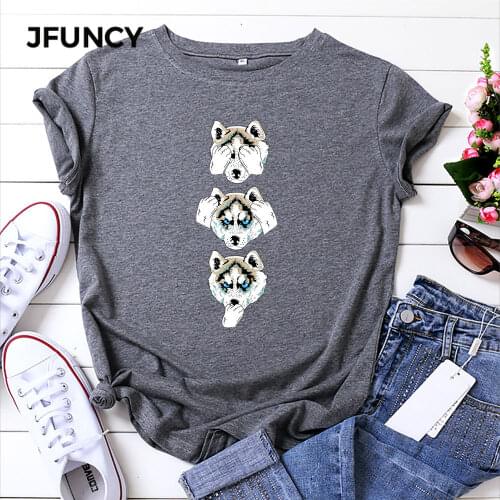 JFUNCY 100% Cotton Women Tshirts Oversize Short Sleeve T-shirt Summer Loose Tee Shirt New Dog Print Woman Tops