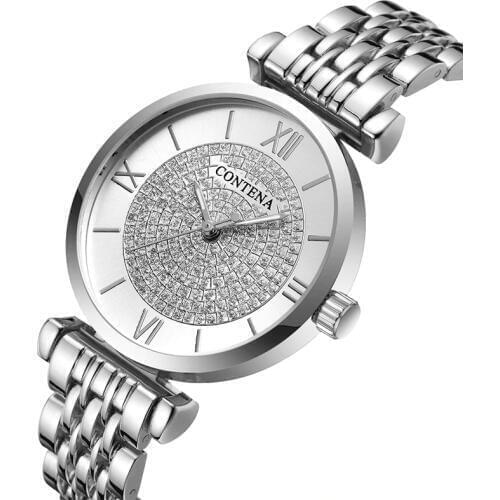 Ladies Quartz Watch 2020 Luxury Brand Contena Womens Wrist Watch Full Stainless Steel Female Clock Rhinestone Wristwatches