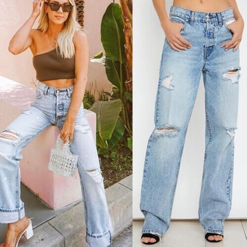 Women Ripped Straight Leg Jeans High Waist Vintage Long Loose Denim Pants Female Boyfriend Jeans Mujer Pantalon Calcas Feminina
