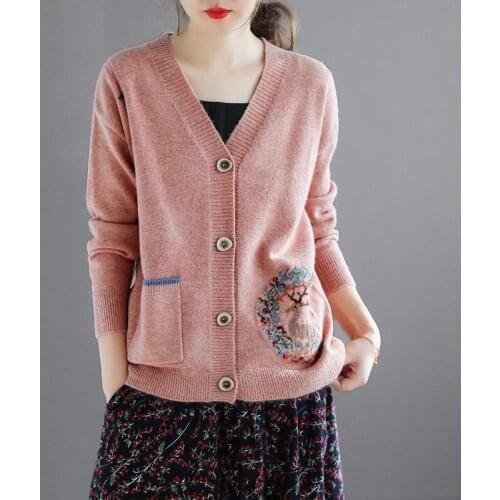 Sweater Cardigan Women Autumn Winter New V Neck Pearl Single Prock Loose Short Thicken Sweater Sweet Long Sleeve Knitting Top
